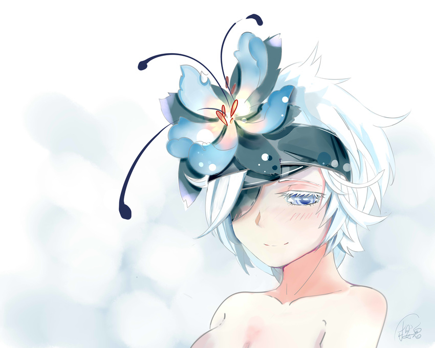 absurdres bad_id bad_pixiv_id blue_eyes breasts closed_mouth eyepatch flamie_speeddraw flower hair_flower hair_ornament hairband highres hzw3 looking_at_viewer medium_breasts nude portrait rokka_no_yuusha short_hair signature simple_background smile solo white_hair