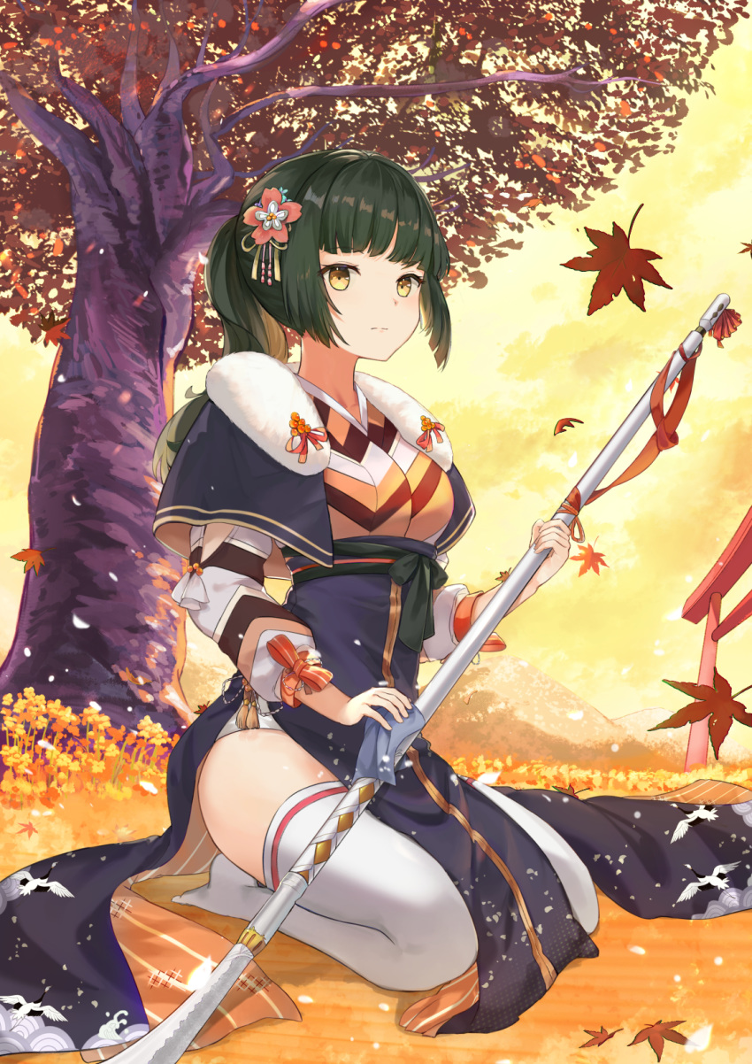 1girl animal_print autumn_leaves bangs bird_print blue_capelet breasts capelet closed_mouth expressionless eyebrows_visible_through_hair flower food_fantasy fur_collar grass green_hair hair_flower hair_ornament highres holding holding_weapon japanese_clothes leaf long_hair long_sleeves looking_at_viewer maple_leaf mosta_(lo1777789) mountain naginata no_shoes outdoors pelvic_curtain pink_flower polearm puffy_sleeves seigaiha seiza side_slit sidelocks sitting sky small_breasts solo tassel thighhighs thighs torii tree weapon white_legwear yellow_eyes