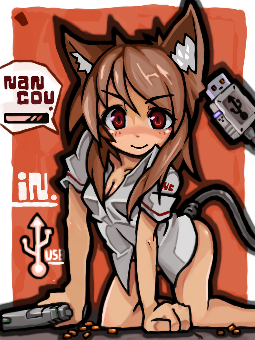 animal_ears brown_eyes brown_hair cat_ears dress_shirt gun highres nancou_(nankou) no_pants original shirt short_hair solo tail usb weapon