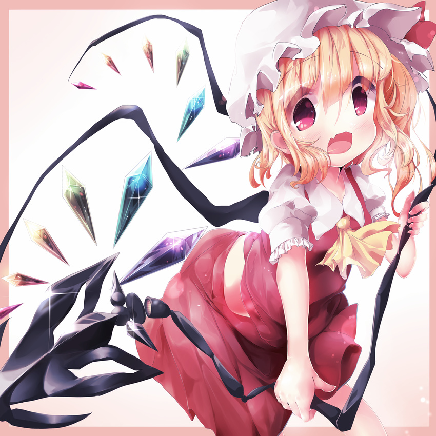 akisha ascot bad_id bad_pixiv_id blonde_hair blush fang flandre_scarlet hat hat_ribbon highres laevatein mob_cap open_mouth pink_eyes puffy_short_sleeves puffy_sleeves ribbon shirt short_sleeves skirt skirt_set solo touhou vest wings