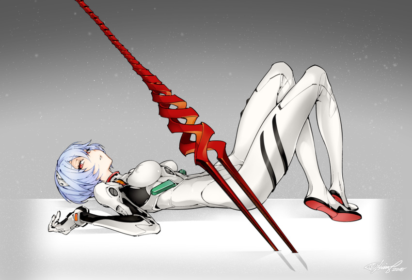 2015 alternate_breast_size ayanami_rei bangs blue_hair bodysuit bracer breasts covered_nipples crossed_legs dated fishine from_side full_body gloves gradient gradient_background grey_background hair_ornament knees_up lance_of_longinus looking_at_viewer lying medium_breasts neon_genesis_evangelion on_back parted_lips pilot_suit planted_weapon plugsuit polearm red_eyes shadow short_hair signature skinny solo spear turtleneck weapon white_bodysuit