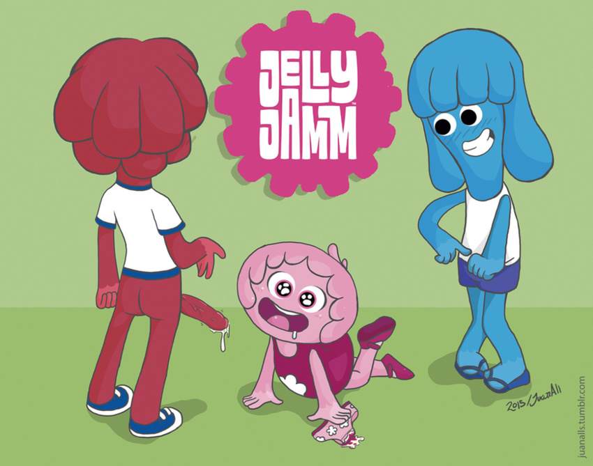 1girl 2boys bello blue_hair bottomless cum discovery_kids drooling grin happy jelly_jamm large_penis mina multiple_boys open_mouth original penis pink_hair red_hair removed_panties rita smile