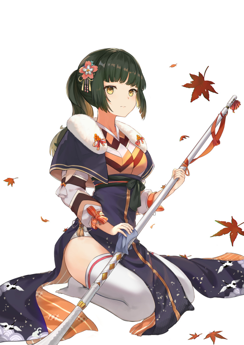 1girl animal_print autumn_leaves bangs bird_print blue_capelet breasts capelet closed_mouth expressionless eyebrows_visible_through_hair flower food_fantasy fur_collar green_hair hair_flower hair_ornament highres holding holding_weapon japanese_clothes leaf long_hair long_sleeves looking_at_viewer maple_leaf mosta_(lo1777789) naginata no_shoes pelvic_curtain pink_flower polearm puffy_sleeves seigaiha seiza side_slit sidelocks simple_background sitting small_breasts solo tassel thighhighs thighs weapon white_background white_legwear yellow_eyes