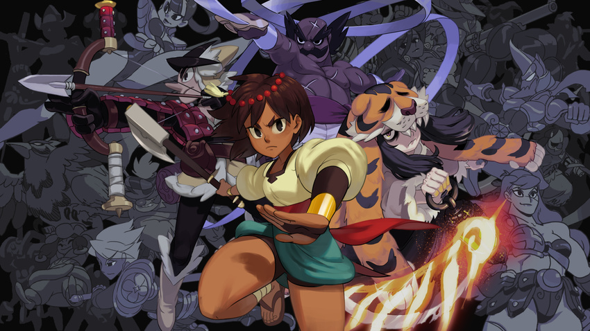 ajna_(indivisible) alex_ahad ankle_wraps armor axe bird black_eyes bow_(weapon) brown_hair dark_skin everyone indivisible lantern multiple_boys multiple_girls naga_rider pelt phoebe_(indivisible) razmi_(indivisible) sandals sanpaku smile sword thorani_(indivisible) tiger_pelt tungar weapon yan_(indivisible) zebei_(indivisible)