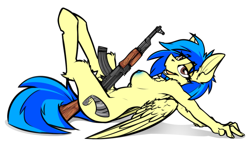 2015 ak-47 anthro anthrofied areola assault_rifle blue_hair blue_nipples breasts cutie_mark equine fan_character female gun hair looking_at_viewer mammal my_little_pony nipples pegasus pose ralek ranged_weapon rifle silvia_windmane sitting solo weapon wings