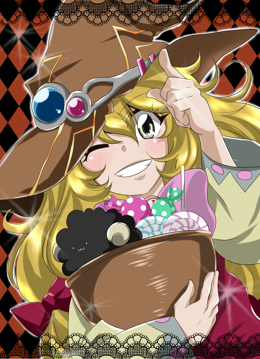 beryl_benito blonde_hair blush candy freckles grey_eyes grin hat long_hair one_eye_closed open_mouth ribbon smile tales_of_(series) tales_of_hearts wink witch_hat