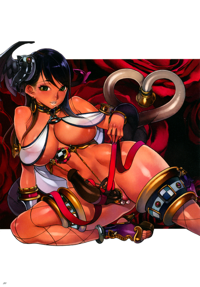 abs absurdres arm_support bare_shoulders black_hair breasts cleavage dark_skin earrings f.s. fishnet_legwear fishnets green_eyes highres huge_breasts jewelry long_hair lunaluna_(queen's_blade) midriff multicolored_hair navel official_art pearl_thong queen's_blade queen's_blade_rebellion revealing_clothes sandals shoes smile thighhighs