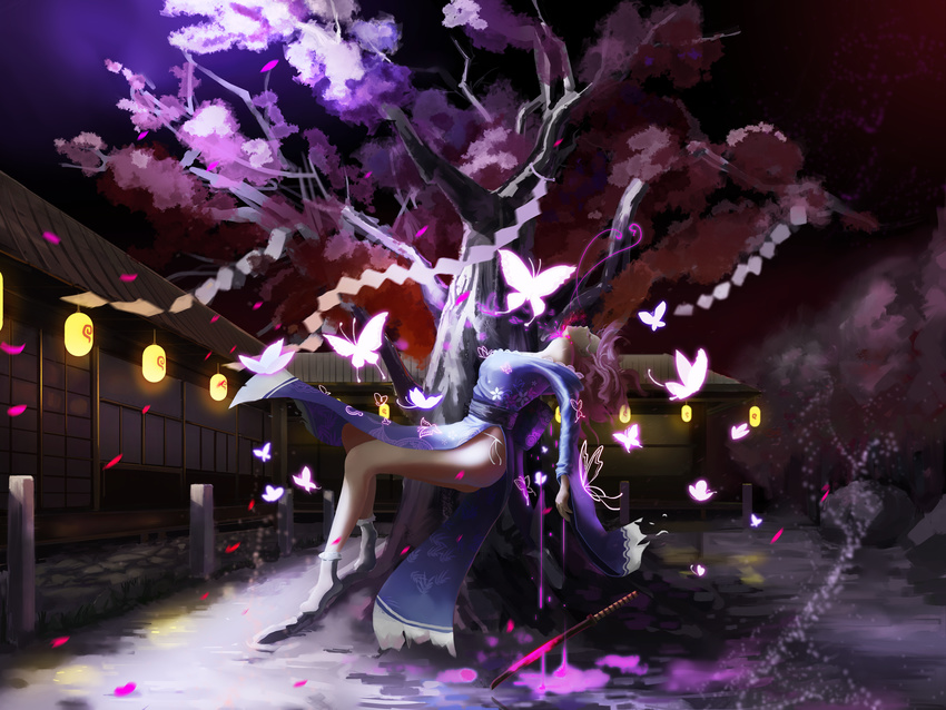 blood blue_dress bug butterfly closed_eyes death dress floral_print full_body highres insect katana long_sleeves pink_blood pink_hair profile ribbon saigyou_ayakashi saigyouji_yuyuko saigyouji_yuyuko_(living) sarena sash short_hair slit_throat socks solo string_panties suicide sword touhou tree weapon white_legwear wide_sleeves