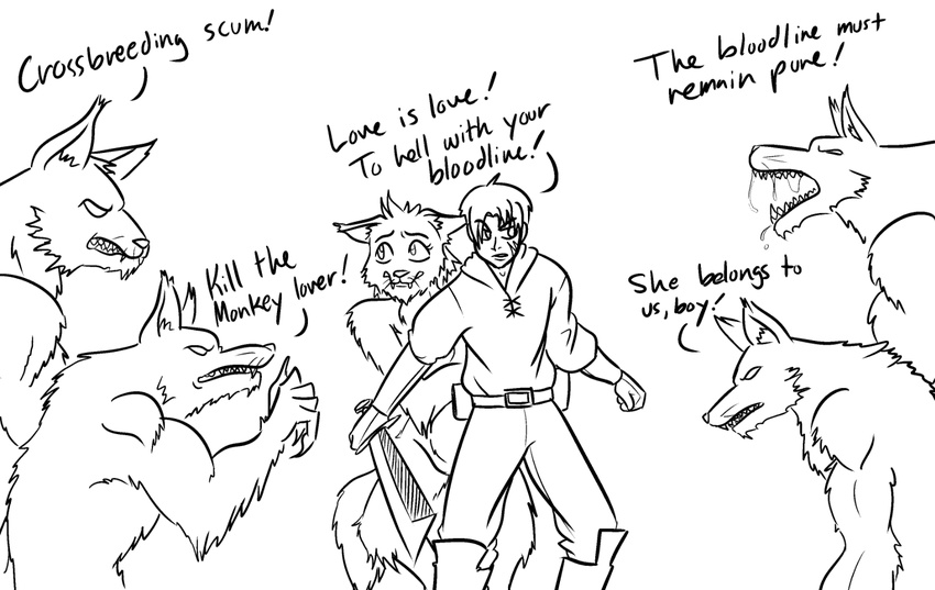angry anthro canine conflict drooling fangs female hatred human insults intolerance male mammal melee_weapon open_mouth racism saliva sheriff_(artist) simple_background sword tagme violence weapon wolf yelling
