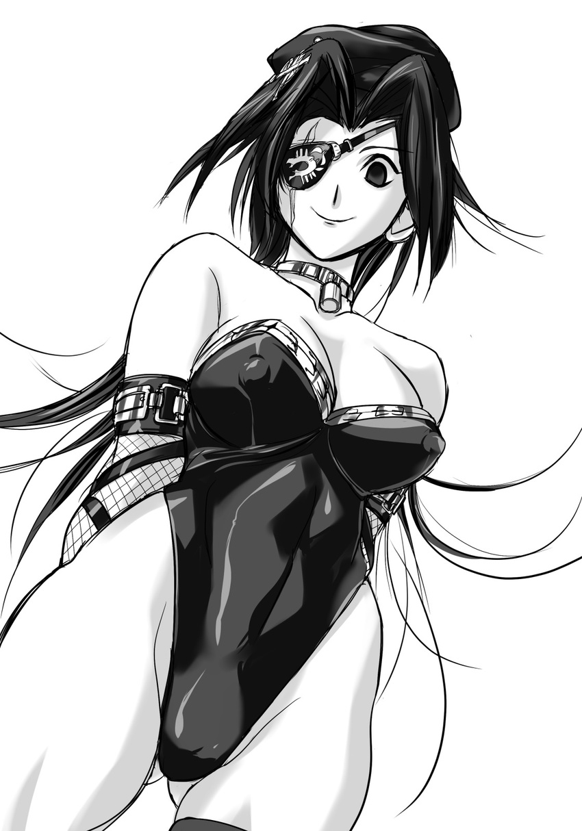 1girl bare_legs bare_shoulders black_hair breasts eyepatch female gloves hikawadou kyandisu leotard looking_at_viewer marchen_awakens_romance monochrome nipples smile solo