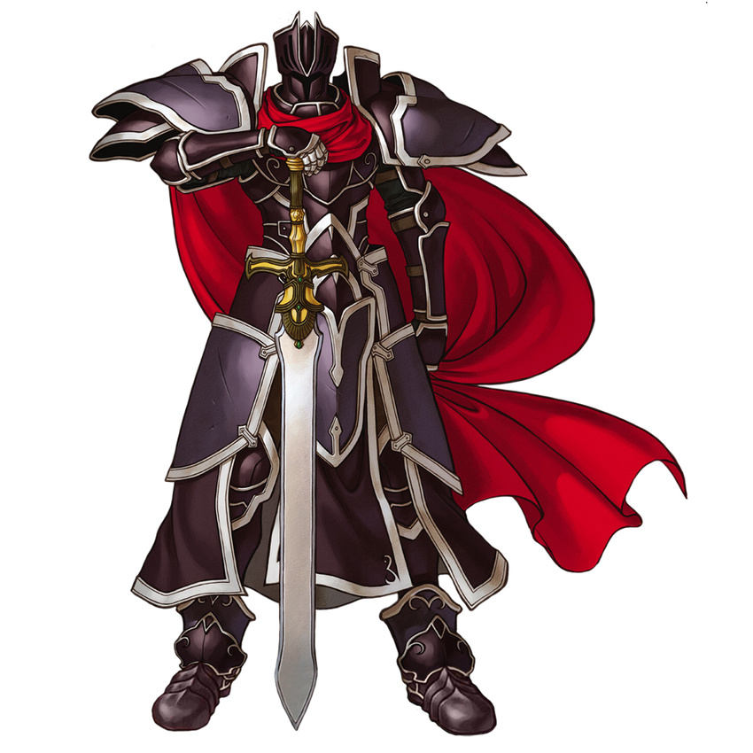 alondite armor black_armor black_knight fire_emblem fire_emblem:_souen_no_kiseki full_armor gauntlets helmet highres holding holding_sword holding_weapon kita_senri male_focus official_art shoulder_armor simple_background solo spaulders sword weapon white_background