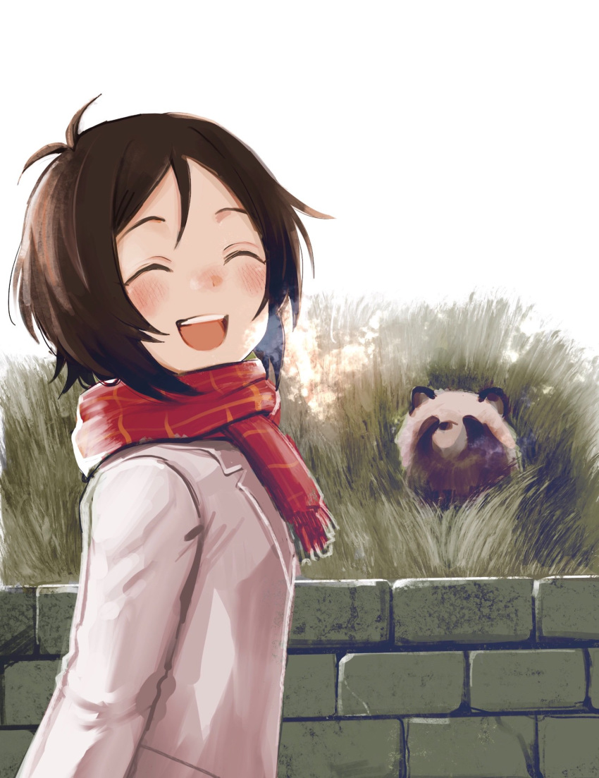 1girl antenna_hair blush breath brick_wall brown_hair commentary_request doumyouji_karin eyes_closed grass highres idolmaster idolmaster_cinderella_girls jacket kyouno long_sleeves open_mouth red_scarf scarf short_hair tanuki