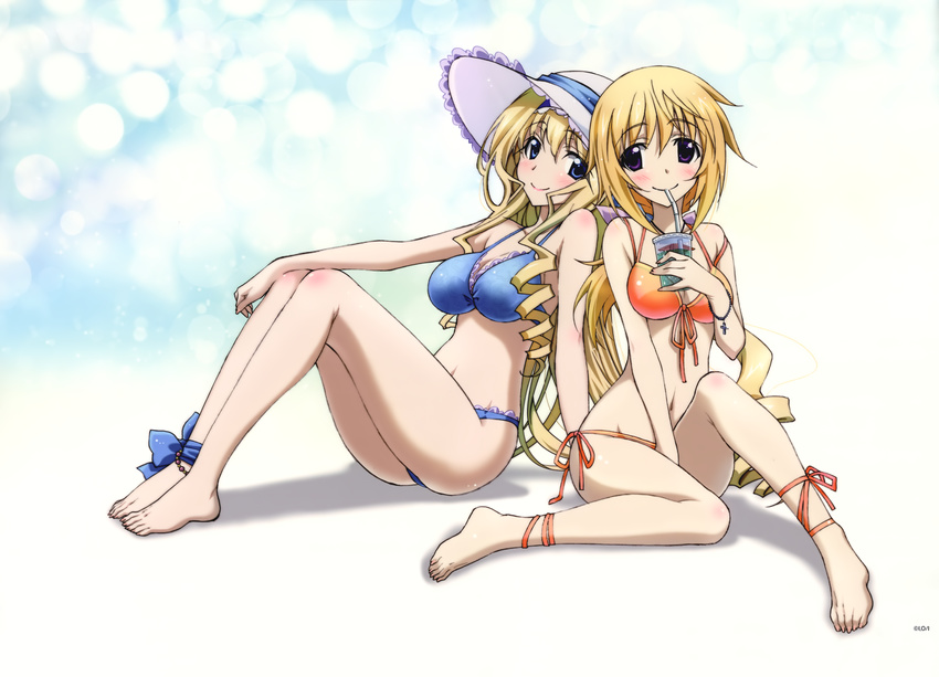 absurdres ankle_ribbon arm_rest arm_support bangs bare_arms bare_legs bare_shoulders barefoot between_legs bikini blonde_hair blue_background blue_bikini blue_bow blue_eyes blue_hairband blue_ribbon blush bow bracelet breasts cecilia_alcott charlotte_dunois cleavage cup drill_hair drink drinking drinking_straw eyebrows_visible_through_hair floral_print frilled_bikini frills front-tie_bikini front-tie_top gradient gradient_background groin hair_between_eyes hair_ribbon hairband hand_between_legs hat highres holding holding_cup horii_kumi infinite_stratos jewelry knee_up knees_up large_breasts legs_together lolita_hairband long_hair long_legs looking_at_viewer low_ponytail medium_breasts multiple_girls navel necklace official_art on_ground orange_bikini orange_ribbon pendant ponytail purple_eyes purple_ribbon ribbon side-tie_bikini sideboob sitting smile stomach strap_slip sun_hat swimsuit very_long_hair