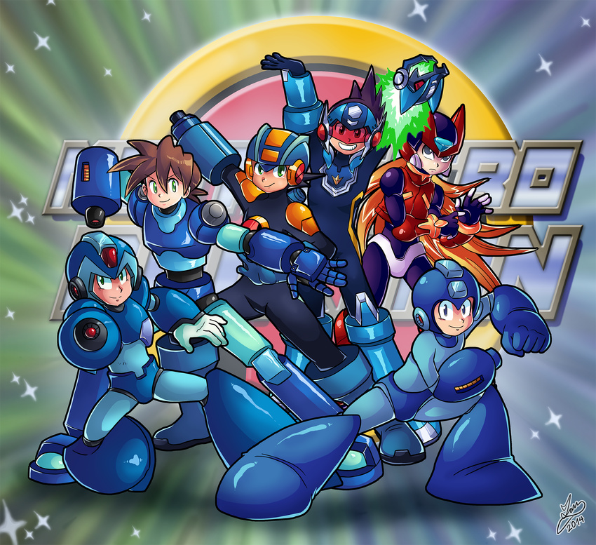 arm_cannon helmet highres hoshikawa_subaru_(rockman) ian_dimas_de_almeida multiple_boys odd_one_out parody pose ressha_sentai_toqger robot rock_volnutt rockman rockman_(character) rockman_(classic) rockman_dash rockman_exe rockman_exe_(character) rockman_x rockman_zero ryuusei_no_rockman signature sparkle warrock weapon x_(rockman) zero_(rockman)