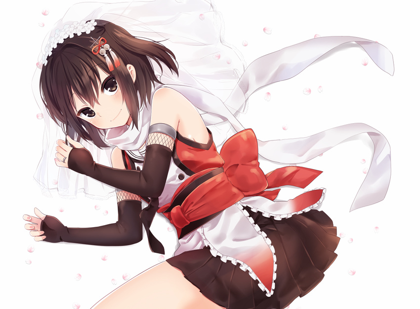 bangs bare_shoulders bridal_veil brown_eyes brown_hair fingerless_gloves gloves hair_ornament ica jewelry kantai_collection looking_at_viewer lying on_side petals remodel_(kantai_collection) ring scarf school_uniform sendai_(kantai_collection) serafuku smile solo two_side_up veil wedding_band white_background white_scarf