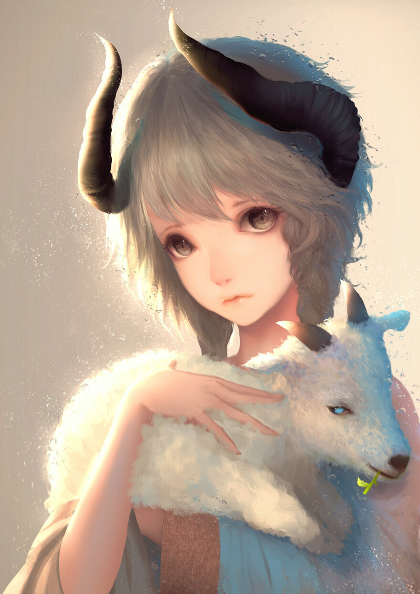 absurdres animal braid goat goat_girl goat_horns grey_eyes grey_hair highres holding holding_animal horns lips looking_at_viewer monster_girl nooko original realistic solo twin_braids