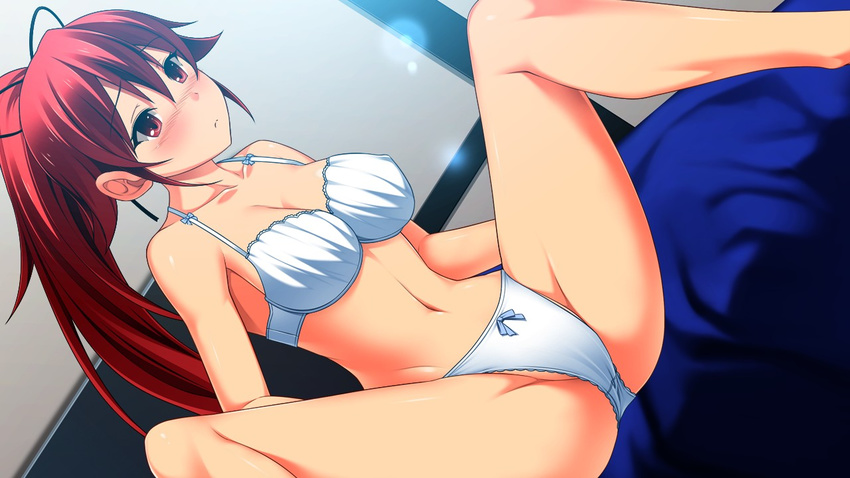 1girl bare_shoulders black_ribbon blush bra closed_mouth collarbone female game_cg hair_ribbon kiss_(company) kurasuke long_hair make_me_lover midriff navel panties red_eyes red_hair ribbon rinna_federico sitting sunbeam underwear white_bra white_panties