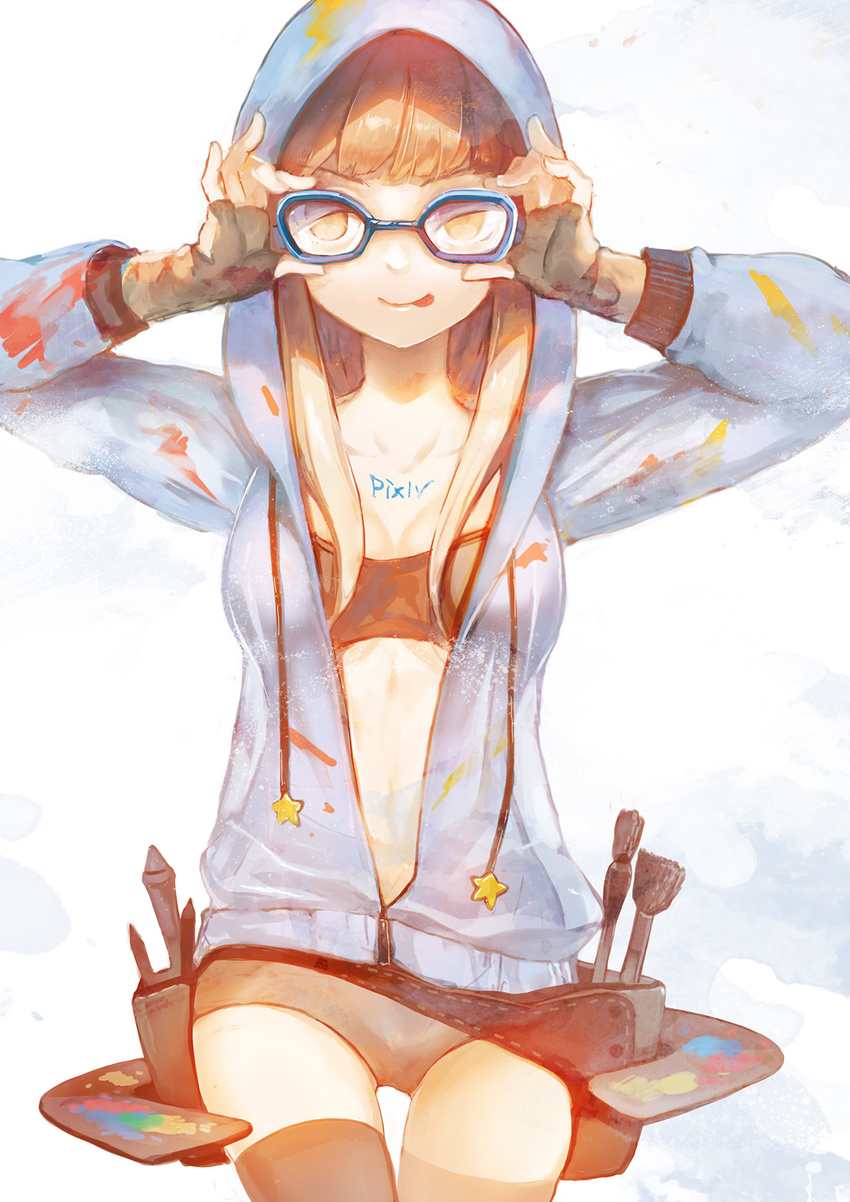 :p adjusting_eyewear belt belt_pouch black_bra black_panties bra breasts commentary_request fingerless_gloves glasses gloves highres hood hoodie medium_breasts orange_eyes orange_hair original paint_splatter paintbrush palette panties pixiv pixiv-tan pouch sibyl solo sports_bra tongue tongue_out underwear