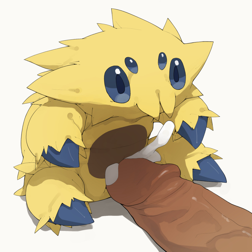 blue_eyes blue_sclera creatures_(company) cum cum_in_pussy disembodied_penis ejaculation full_body game_freak gen_5_pokemon highres joltik nintendo orgasm penis pokemon pokemon_(creature) prodding pussy simple_background sitting solo uncensored veins veiny_penis white_background youjomodoki