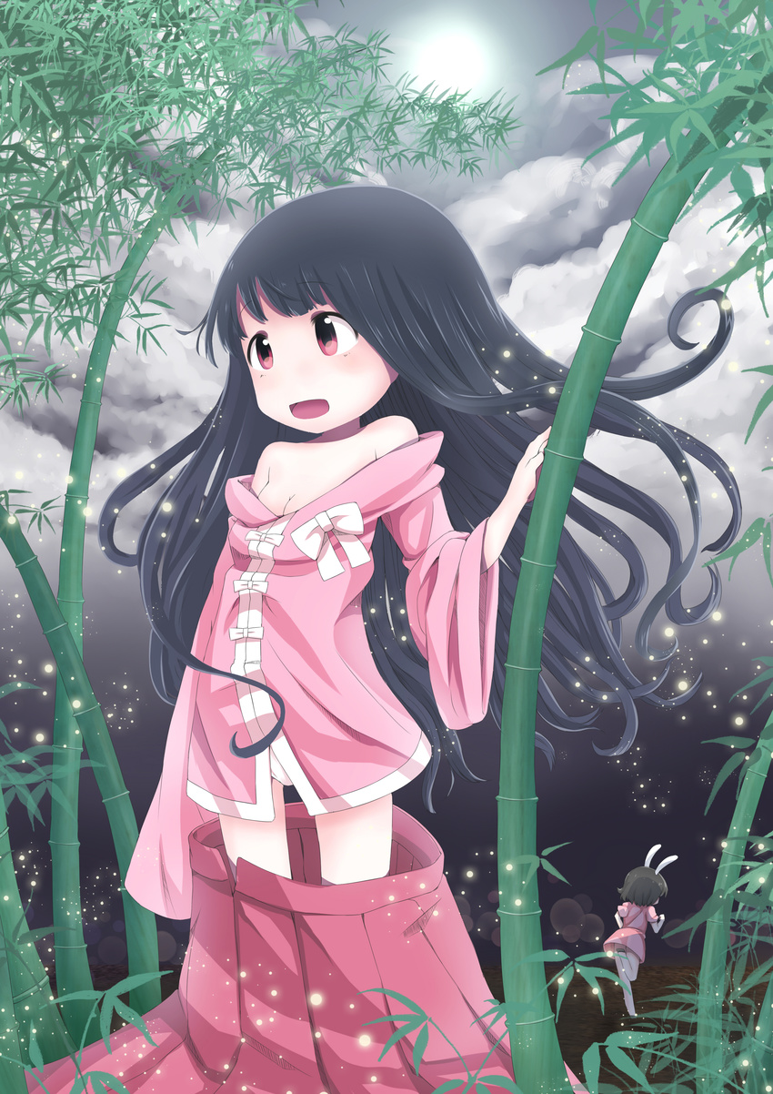 absurdres animal_ears bamboo bamboo_forest black_hair breasts bunny_ears cleavage cloud dress fleeing forest gradient gradient_background highres houraisan_kaguya inaba_tewi long_hair long_sleeves looking_away multiple_girls nature off_shoulder open_mouth oversized_clothes panties pink_dress puffy_sleeves red_eyes running shirt short_hair short_sleeves skirt skirt_pull sky small_breasts smile solo_focus touhou tsukimirin underwear white_panties wide_sleeves