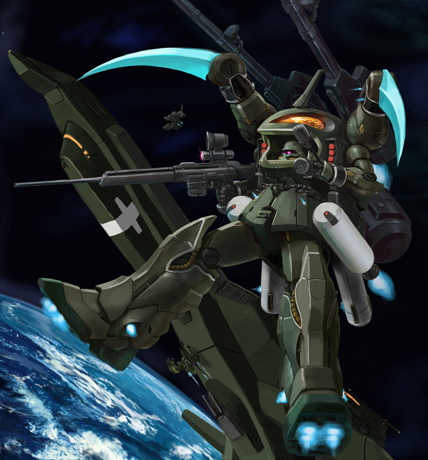 earth energy_gun explosive fusion gaza-d geara_zulu grenade gundam gundam_unicorn highres mecha musaka space weapon yoyo1/3 zakrello zaku zaku_ii_f2