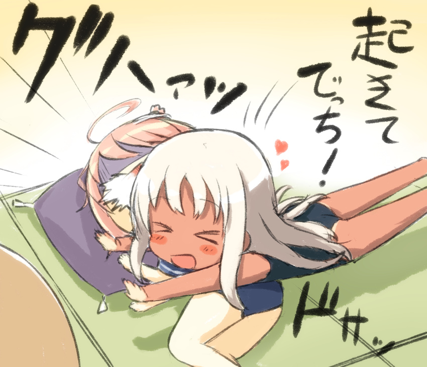 &gt;_&lt; ahoge bad_id bad_pixiv_id blush_stickers body_slam chibi closed_eyes commentary engiyoshi heart i-58_(kantai_collection) kantai_collection long_hair multiple_girls pillow pink_hair ro-500_(kantai_collection) short_hair spitting swimsuit tan tanline translated white_hair