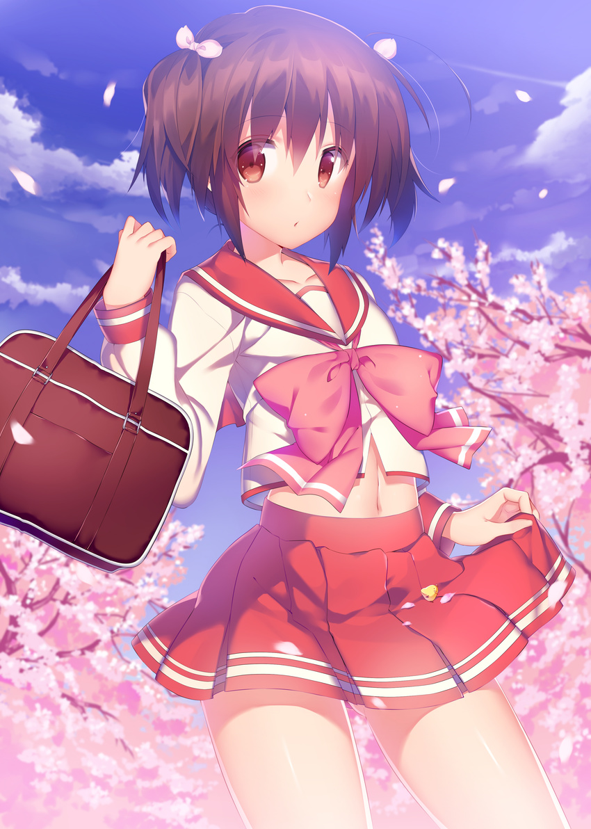 absurdres ass_visible_through_thighs bag blue_sky brown_eyes brown_hair cherry_blossoms cloud collarbone day highres long_sleeves looking_at_viewer midriff navel neckerchief niwashi_(yuyu) petals pleated_skirt school_uniform serafuku shirt skirt sky solo thighs to_heart_2 tree twintails yuzuhara_konomi