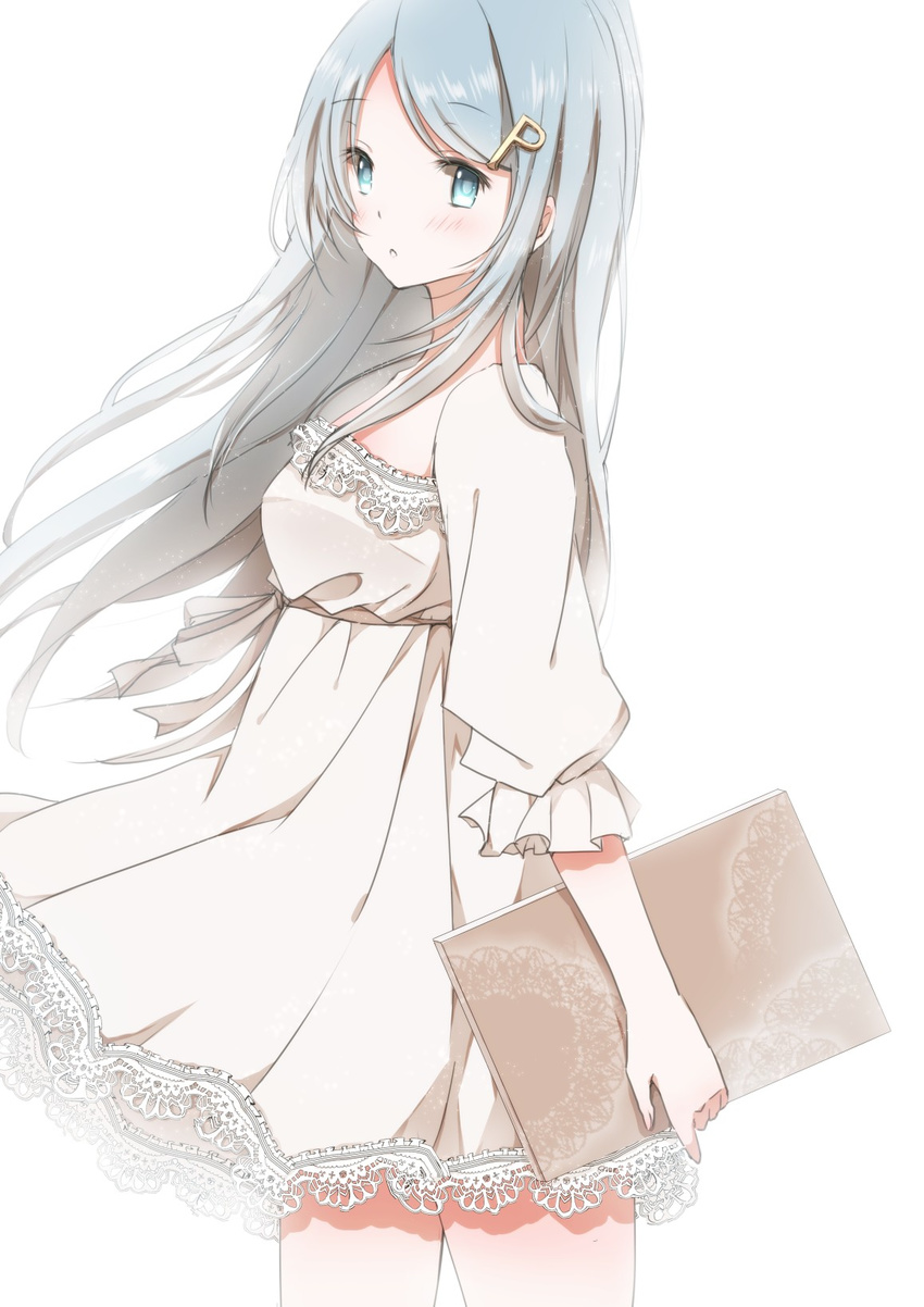 backlighting blush cowboy_shot drawing_board dress eyebrows_visible_through_hair from_side grey_eyes hair_ornament highres hiro_(hirohiro31) lace lace-trimmed_dress long_hair looking_at_viewer original pixiv-tan sash silver_hair solo very_long_hair white_dress