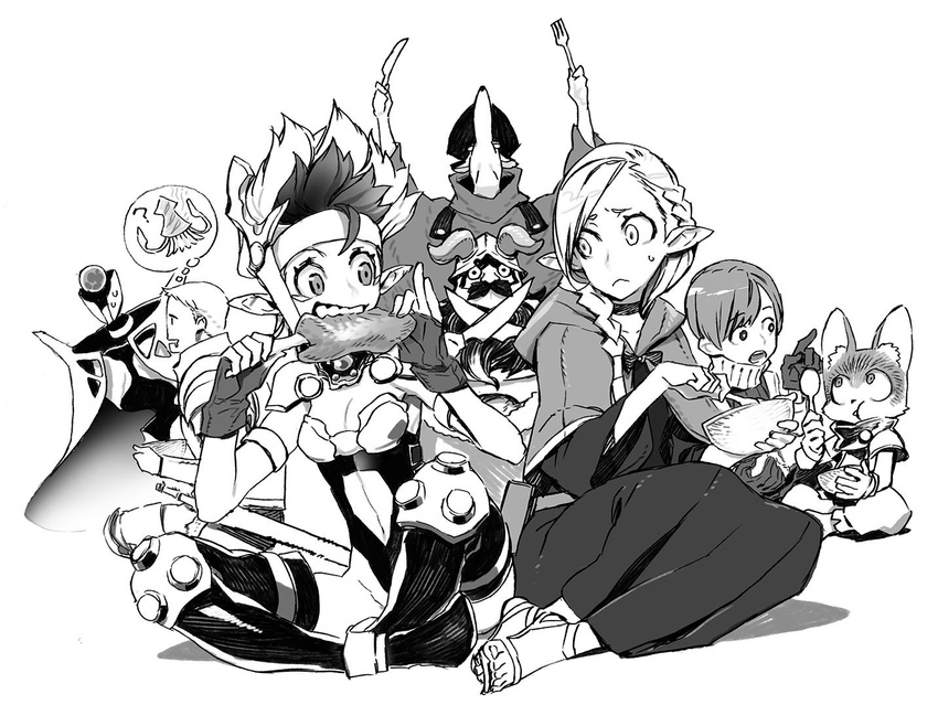 5boys braid buruman_(ozanari_dungeon) character_request chilchuck crossed_knives crossover drooling dungeon_meshi eating greyscale indian_style kaze_no_tou kirinman_(ozanari_dungeon) knife laios_(dungeon_meshi) marcille miwa_shirou mocha_(kaze_no_tou) monochrome multiple_boys multiple_girls ozanari_dungeon pointy_ears senshi_(dungeon_meshi) sitting squid thighhighs twin_braids wariza