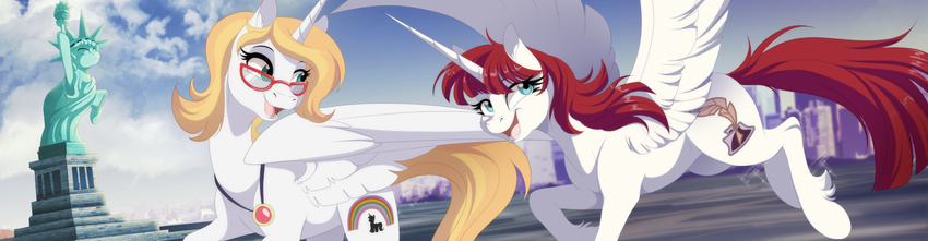 2015 blonde_hair blue_eyes bonnie_zacherle city cutie_mark dennybutt duo equine eyewear female glasses hair horn lauren_faust_(character) mammal my_little_pony necklace red_hair statue_of_liberty winged_unicorn wings