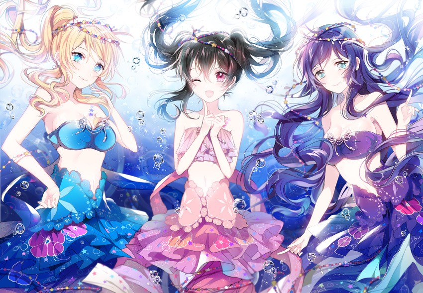 ;d ayase_eli bare_shoulders bikini_top black_hair blonde_hair blue_eyes bubble circlet floral_print hair_between_eyes hand_on_own_chin high_ponytail long_hair looking_at_viewer love_live! love_live!_school_idol_festival love_live!_school_idol_project md5_mismatch mermaid_costume midriff multiple_girls navel nennen one_eye_closed open_mouth polka_dot purple_hair red_eyes smile star star_print star_tattoo strapless strapless_bikini tattoo toujou_nozomi twintails underwater very_long_hair yazawa_nico