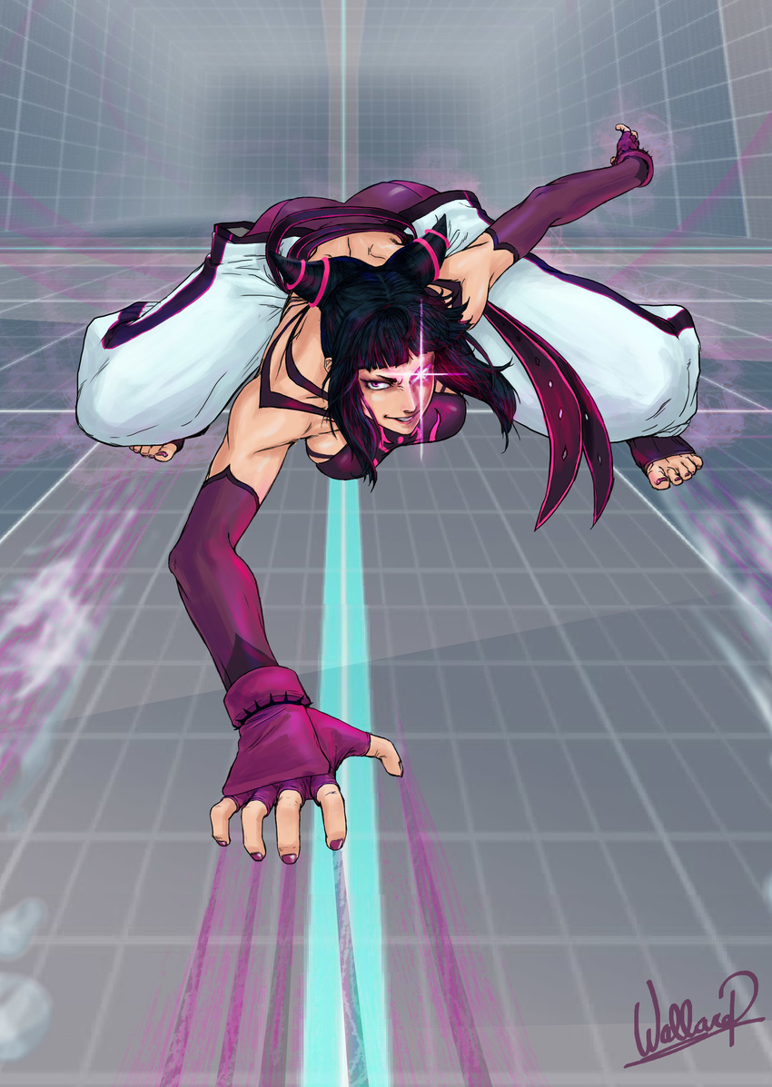 all_fours ass baggy_pants barefoot black_hair bracelet breasts butt_crack detached_sleeves drill_hair feet fingerless_gloves gloves glowing glowing_eye halter_top halterneck han_juri highres jewelry large_breasts looking_at_viewer nail_polish pants signature smirk solo speed_lines spiked_bracelet spikes street_fighter street_fighter_iv_(series) toeless_legwear toenail_polish toes training_room training_stage twin_drills wallace_pires