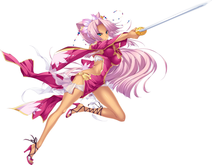 absurdres ankle_lace-up aqua_eyes bare_shoulders blue_eyes breasts cleavage cleavage_cutout cross-laced_footwear detached_sleeves dress forehead full_body hair_ornament high_heels highres hikage_eiji jewelry koihime_musou long_hair looking_at_viewer medium_breasts nail_polish necklace pelvic_curtain pink_hair ponytail revealing_clothes serious shoes side_slit solo sonsaku sword tan transparent_background very_long_hair weapon