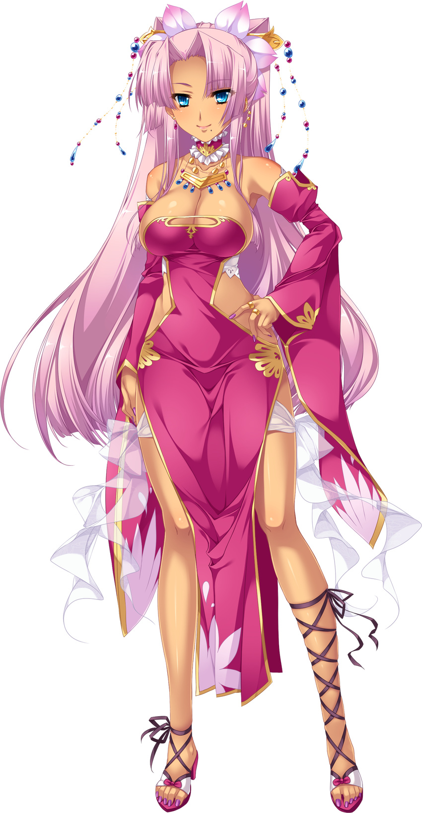 absurdres bare_shoulders blue_eyes breasts cleavage cleavage_cutout dark_skin detached_sleeves dress full_body hair_ornament hand_on_hip highres hikage_eiji jewelry koihime_musou large_breasts long_hair looking_at_viewer necklace pelvic_curtain pink_hair ponytail revealing_clothes shoes side_slit smile solo sonsaku transparent_background very_long_hair