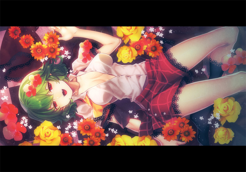 breasts cleavage fangs flower green_hair hair_flower hair_ornament kazami_yuuka letterboxed looking_at_viewer lying medium_breasts misti on_back plaid plaid_skirt red_eyes shirt short_hair short_sleeves skirt solo touhou unbuttoned