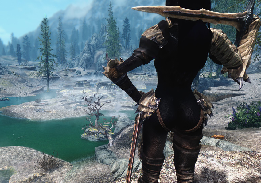 2015 3d anthro apalmemnom armor butt canine clothed clothing female fur hair mammal melee_weapon nude outside pose shoral skyrim solo sword the_elder_scrolls video_games weapon wolf