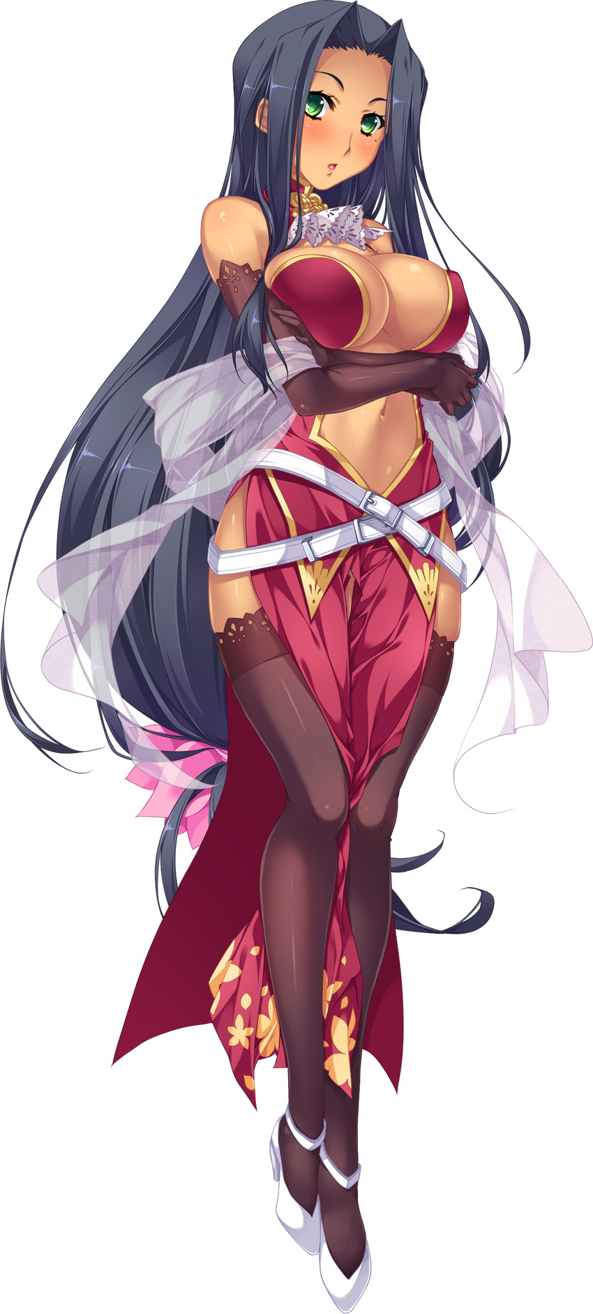 :o absurdres belt black_hair black_legwear blush breasts center_opening cleavage crossed_arms dark_skin elbow_gloves full_body gloves green_eyes high_heels highres katagiri_hinata koihime_musou large_breasts legs_together long_hair looking_at_viewer loose_belt low-tied_long_hair mole mole_under_eye navel official_art pelvic_curtain revealing_clothes shoes shuuyu sleeveless solo tan thighhighs transparent_background very_long_hair