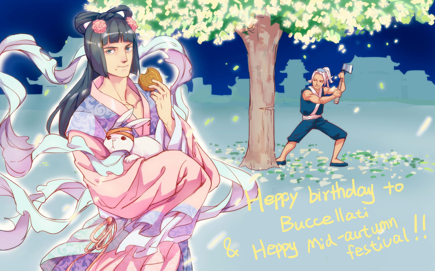 axe bruno_buccellati bunny chinese_clothes chopping cookie eating food highres jojo_no_kimyou_na_bouken leone_abbacchio moon_rabbit mooncake multiple_boys shicewlysml tree