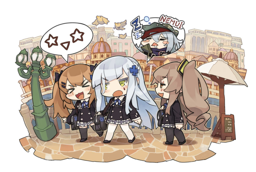 &gt;_&lt; 404_(girls_frontline) 4girls :&gt; :&lt; :d :o bag bangs black_bow black_footwear black_jacket black_legwear blazer blush blush_stickers bow brown_eyes brown_hair building casual collared_shirt commentary_request drooling eyebrows_visible_through_hair facial_hair flat_cap g11_(girls_frontline) girls_frontline green_eyes green_hat grey_hair hair_between_eyes hair_bow hair_ornament hat hk416_(girls_frontline) itsuki_tasuku jacket lamppost long_hair menu_board multiple_girls one_side_up open_mouth pantyhose parted_lips plaid plaid_skirt pleated_skirt profile romaji saliva school_bag shirt silver_hair skirt smile standing star thighhighs triangle_mouth twintails ump45_(girls_frontline) ump9_(girls_frontline) v-shaped_eyebrows very_long_hair white_legwear white_shirt white_skirt xd zzz
