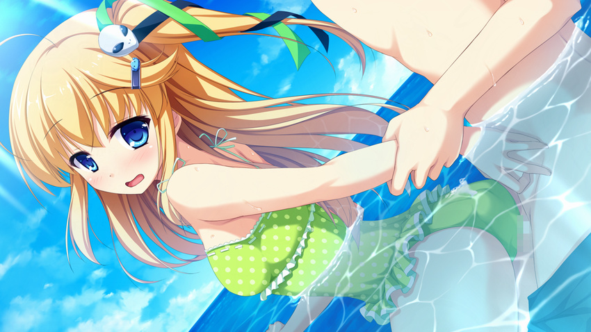 1girl ahoge arm_behind_back bare_shoulders blonde_hair blue_eyes blue_ribbon blush censored cum cum_on_clothes cum_under_clothes ejaculation female frilled_swimsuit frills g.i.b._girls_in_black game_cg green_ribbon green_swimsuit hair_ornament hair_ribbon hairclip hetero in_water long_hair ocean open_mouth otonashi_sorami penis_under_clothes ribbon solo_focus sunbeam swimsuit tenmaso water whirlpool_(studio)