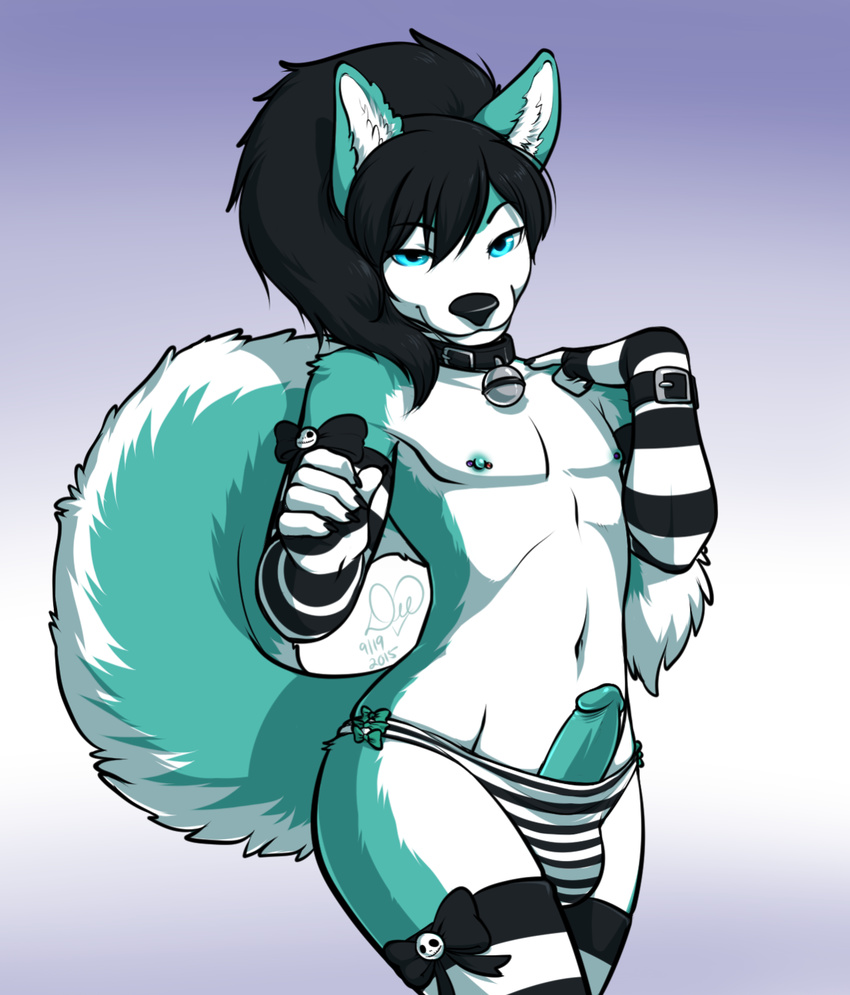 2015 anthro bedroom_eyes bell_collar black_hair blue_eyes bow canine clothed clothing collar dog elbow_gloves erection fingerless_gloves fur girly gloves gradient_background hair half-closed_eyes half-dressed husky kittydee legwear long_hair looking_at_viewer male mammal multicolored_fur nipple_piercing nipples panties piercing poking_out ponytail seductive simple_background smile solo stockings striped_armwear striped_legwear stripes teal_fur teal_penis thigh_highs three-quarter_portrait topless two_tone_fur underwear white_fur wide_hips zeke_fierceclaw