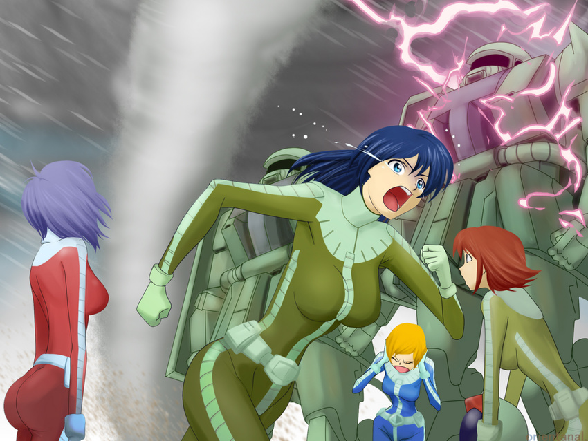 4girls ass blonde_hair blue_eyes blue_hair brown_hair gundam long_hair mecha mobile_suit_gundam multiple_girls nal_(shuukan_annal) pilot_suit purple_hair rain scared tears thunder zaku zaku_ii