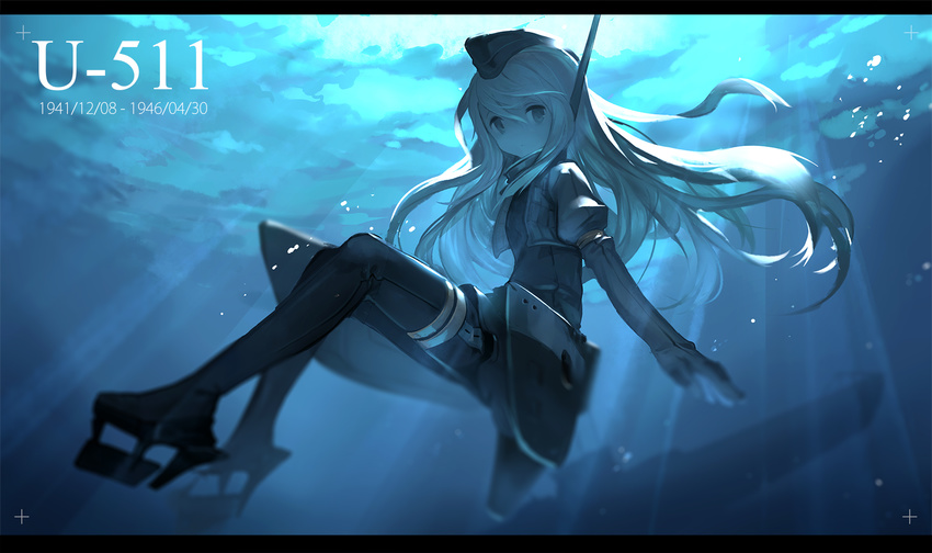 blonde_hair blue_eyes garrison_cap gloves hat highres jong_tu kantai_collection letterboxed light_rays long_hair military military_vehicle solo submarine sunbeam sunlight u-511_(kantai_collection) underwater watercraft