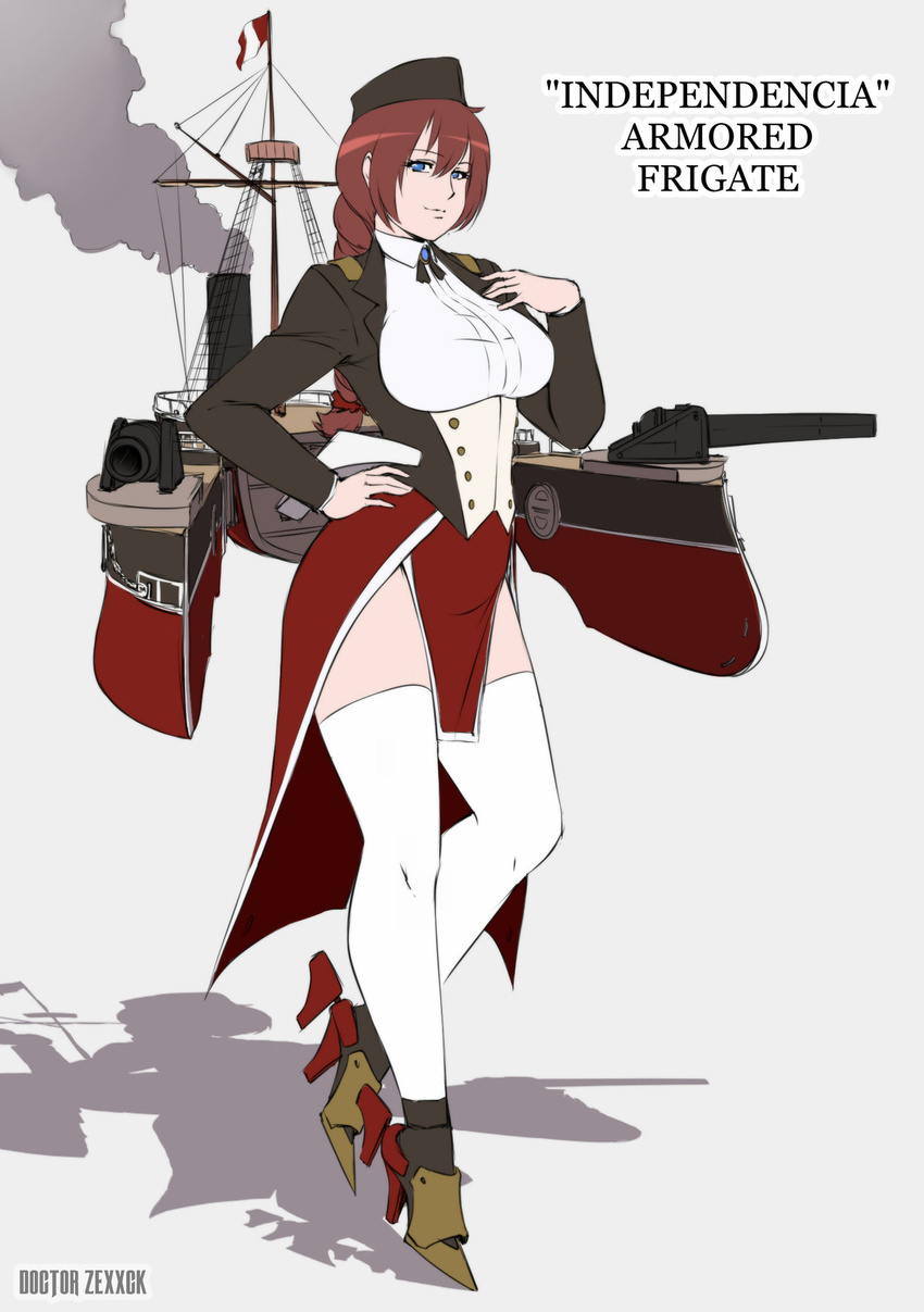 artist_name bangs blue_eyes braid breasts brooch buttons cannon character_name doctorzexxck flag flat_color frigate_independencia from_side full_body garrison_cap greaves hand_on_hip hand_on_own_chest hat high_heels highres jewelry kantai_collection large_breasts light_smile long_hair long_sleeves looking_at_viewer machinery original pelvic_curtain peru red_hair shadow simple_background single_braid skirt smile solo thighhighs thighs underbust uniform weapon white_background white_legwear