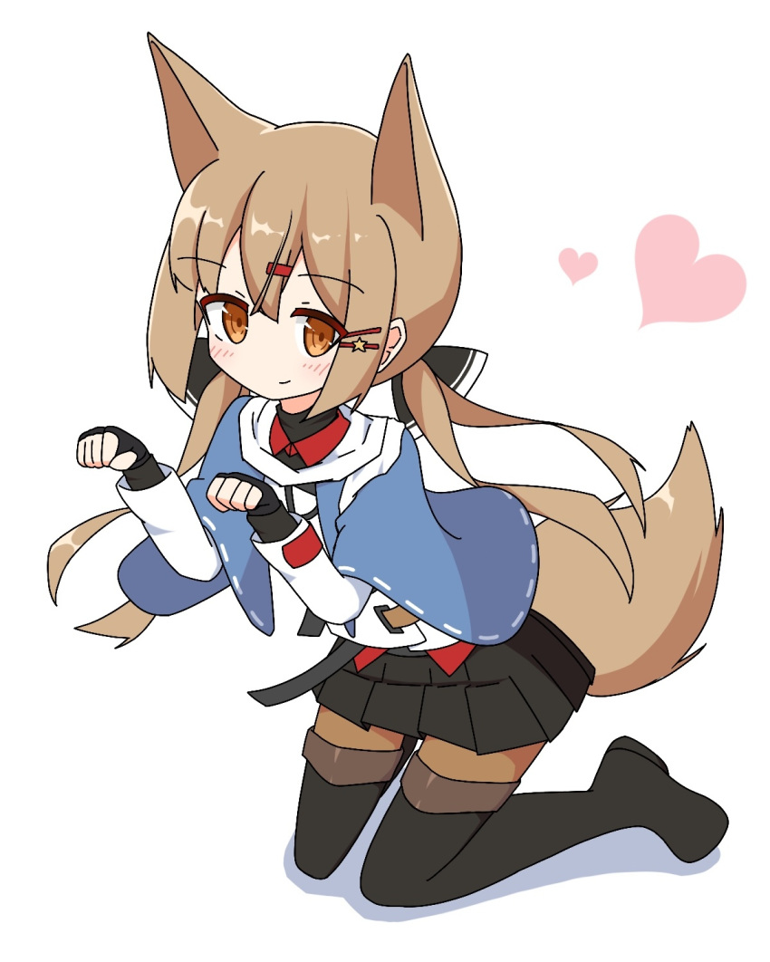 1girl animal_ears black_bow black_footwear black_gloves black_legwear black_skirt blue_capelet blush boots bow capelet closed_mouth commentary_request fingerless_gloves fox_ears fox_girl fox_tail full_body gloves hair_bow hair_ornament hairclip hands_up heart highres ichi kantai_collection kemonomimi_mode kneeling long_hair long_sleeves low_twintails paw_pose pleated_skirt shadow shirt simple_background skirt smile solo star tail tashkent_(kantai_collection) thigh_boots thighhighs twintails very_long_hair white_background white_shirt