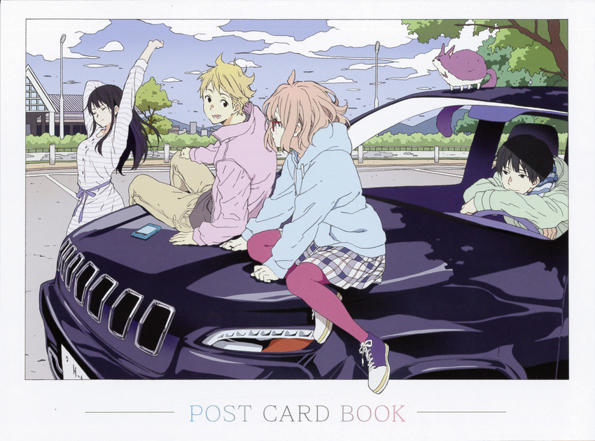 2girls car ground_vehicle highres jeep jeep_cherokee kanbara_akihito kuriyama_mirai kyoukai_no_kanata motor_vehicle multiple_boys multiple_girls nase_hiroomi nase_mitsuki official_art on_vehicle outdoors stretch yakiimo_(kyoukai_no_kanata)