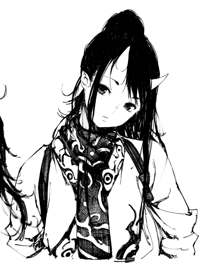 1girl highres japanese_clothes long_hair looking_at_viewer monochrome oni oni_horns original pointy_ears ponytail shiro_shougun simple_background solo white_background