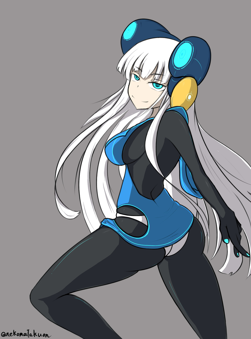 absurdres aqua_eyes aqua_nails ass bad_id bad_pixiv_id black_legwear bodysuit borrowed_character breasts commentary_request electro_emilia from_side grey_background headgear highres large_breasts legs long_hair nail_polish nekomatakuon neon_trim open_collar original panties panties_over_pantyhose pantyhose sideboob sidelocks simple_background smile solo thighs twitter_username underwear very_long_hair white_hair