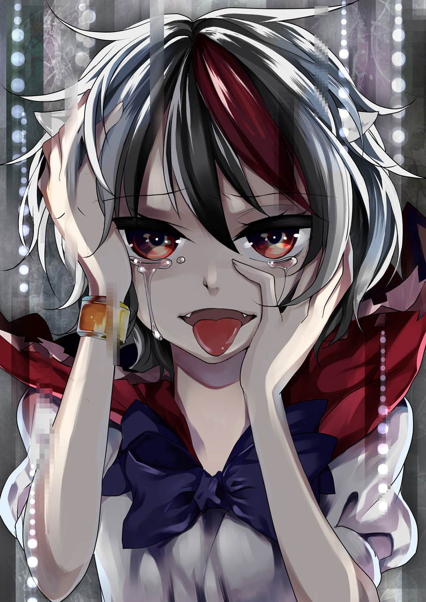 black_hair bow dress fangs hands_on_own_face highres horns katayama_kei kijin_seija multicolored_hair open_mouth red_eyes red_hair short_hair solo streaked_hair tears tongue tongue_out touhou white_hair