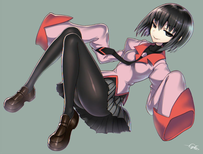 bangs black_eyes black_footwear black_hair black_legwear black_neckwear black_skirt empty_eyes full_body gia loafers looking_at_viewer monogatari_(series) necktie oshino_ougi owarimonogatari pantyhose pleated_skirt puffy_sleeves school_uniform shoes short_hair signature simple_background skirt sleeves_past_wrists smile solo